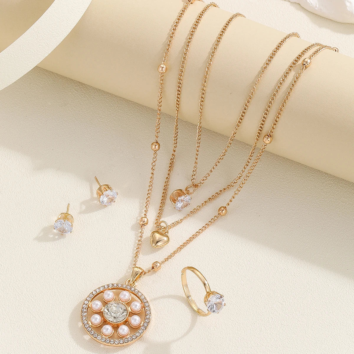 Fashion Sense Multi-Layer Jewelry Set | Gold Plated Pearls & Rhinestones