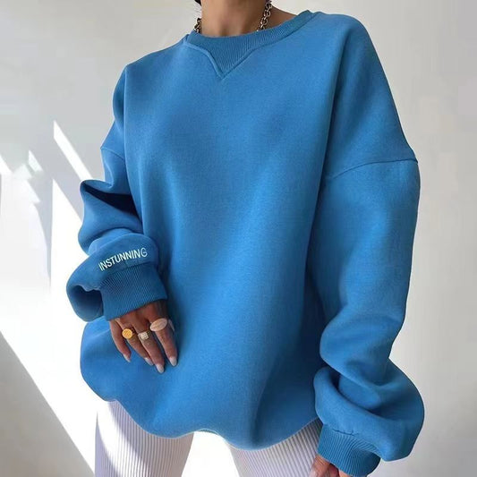 Solid Color Loose Sweatshirt | Casual Women’s Round Neck Top