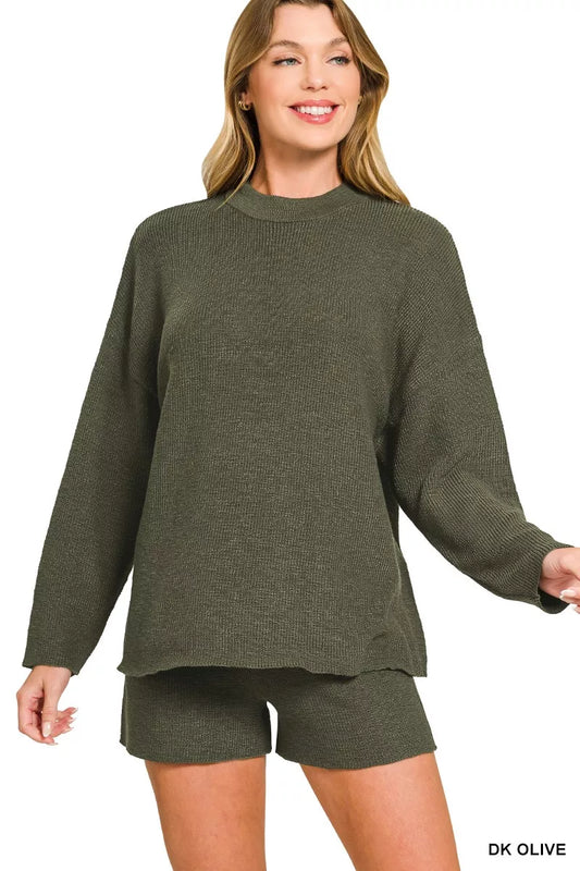 Knit Lounge Set (Top + Shorts) Olive Green | Relaxed Everyday Style