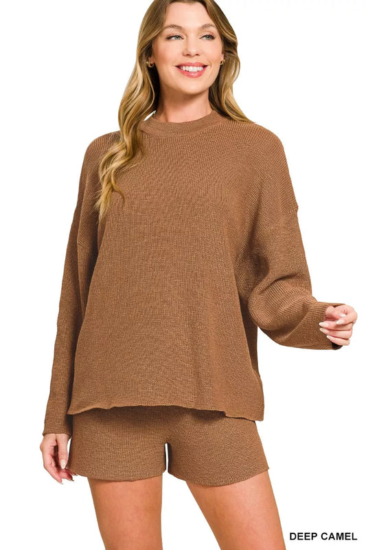 Knit Lounge Set (Top + Shorts) Brown | Soft & Stylish