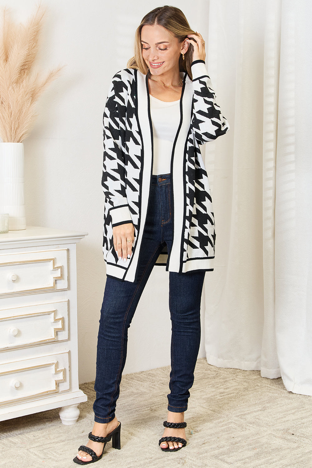 Mandy Houndstooth Longline Cardigan | Chic Open Front Layer