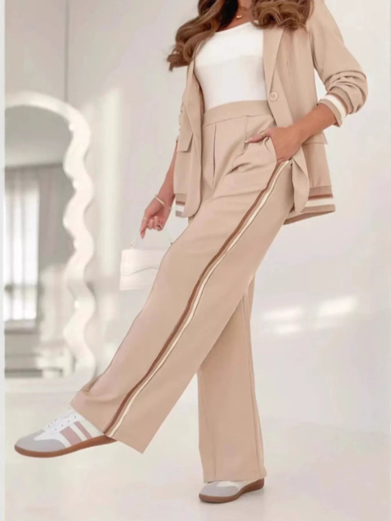 Striped Trim Lounge Set | Modern Comfort Two-Piece Outfit