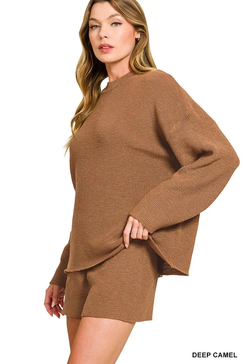 Knit Lounge Set (Top + Shorts) Brown | Soft & Stylish