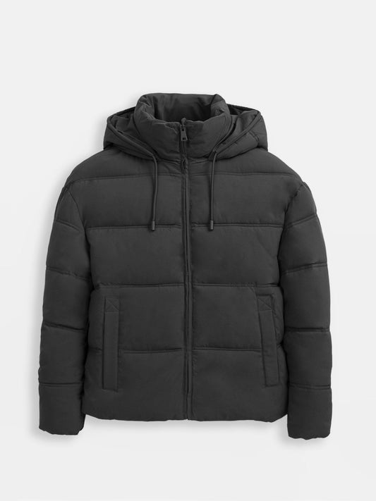 Black puffer jacket with a hood on a light gray background